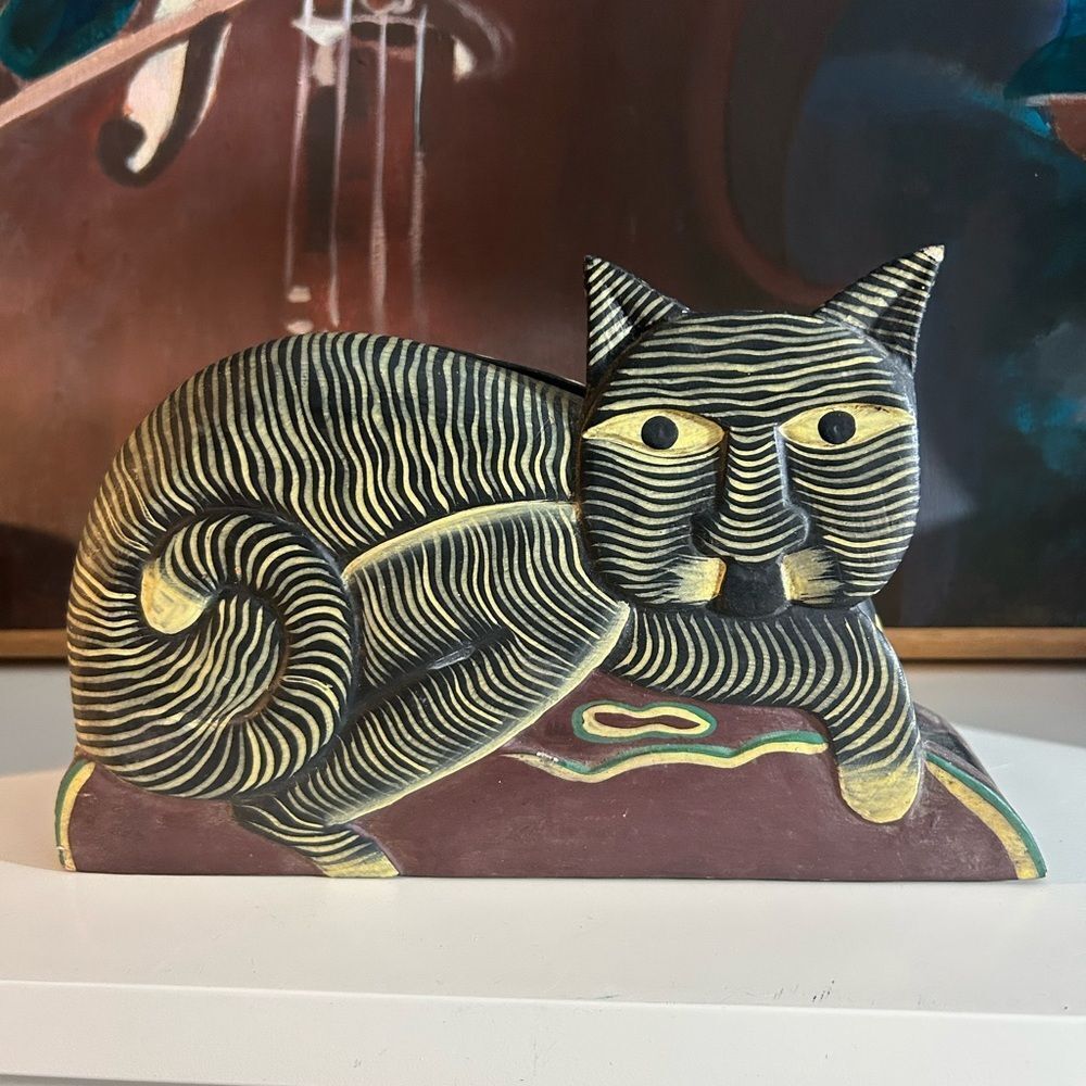 Hand Painted Cat Napkin Letter Holder Wood Indonesia Black Striped Polka Dot
